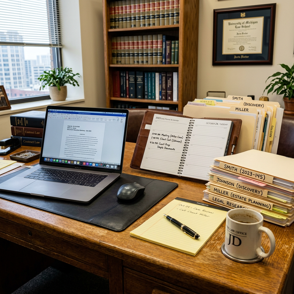 Laptop displaying a legal document, organized case files, a planner with handwritten notes, legal books, and a coffee mug on a wooden desk in an office.